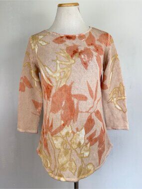 Chicos Knit Top Size 0 NEW Floral Print Linen/Cotton/Rayon 3/4 Sleeve Beige